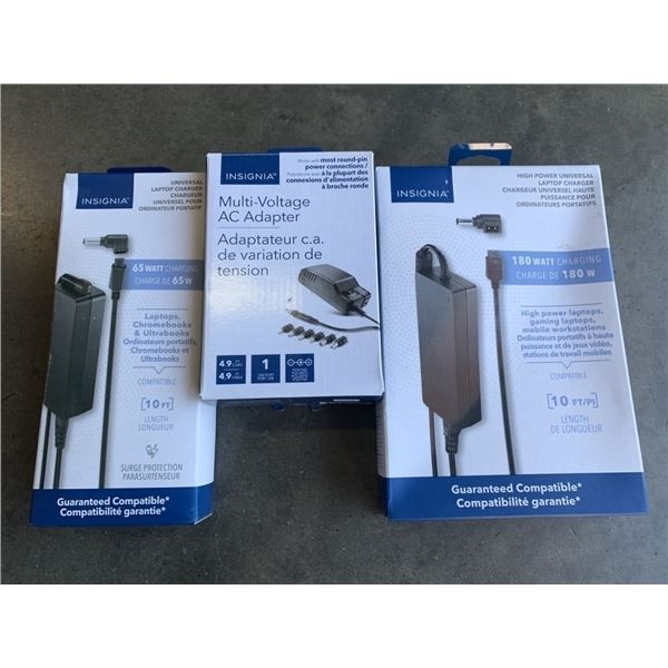 INSIGNIA HIGH POWER 180 WATT UNIVERSAL LAPTOP CHARGER, 65 WATT LAPTOP CHARGER AND MULTI VOLTAGE AC A