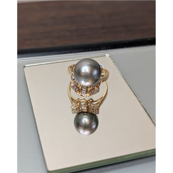 Estate Diamond 12mm Tahitian Pearl 14K Yellow Gold Ring
