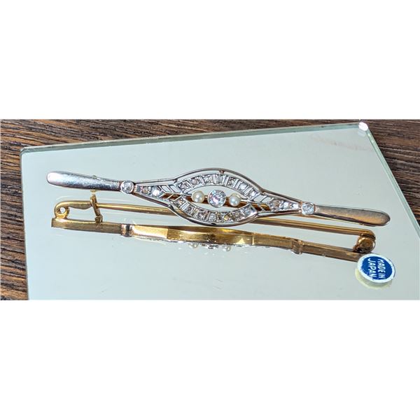 Antique Deco Diamond Seed Pearl 18K Gold Platinum Filigree Bar Pin