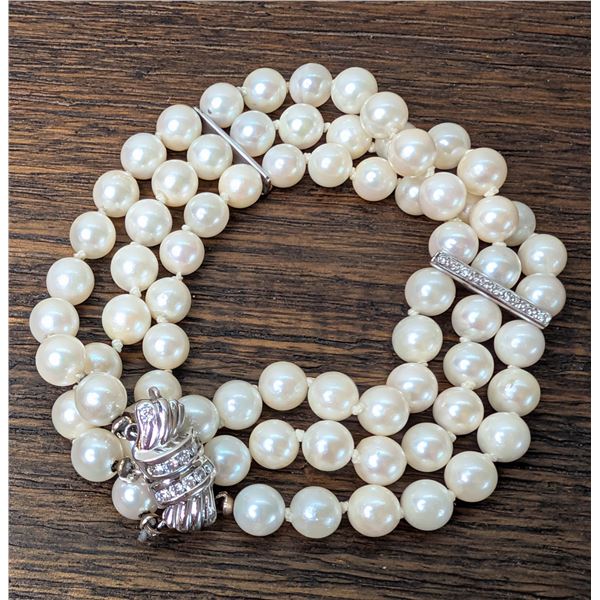 Pearl and diamond 3 strand bracelet 18k white gold