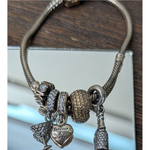 Pandora snake bracelet (SS/gold clasp) with 5 authentic charms