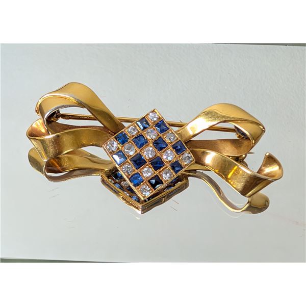 Art Deco 18k yellow gold Bow Brooch with diamonds and sapphires