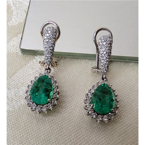 Pearl Cut Emerald and round diamond dangle drop earrings (white gold)