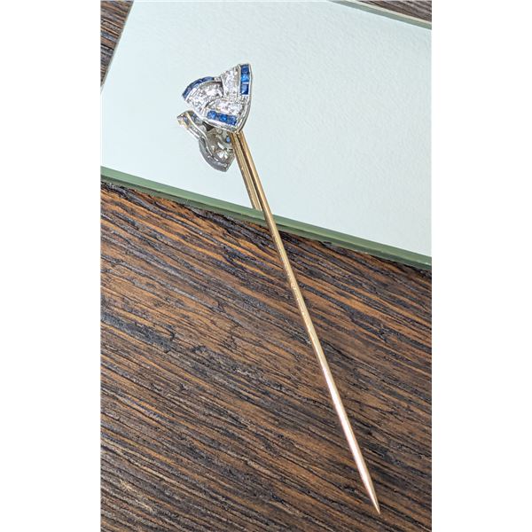 Art Deco Diamond and Sapphire set on gold trilliant shape stick pin