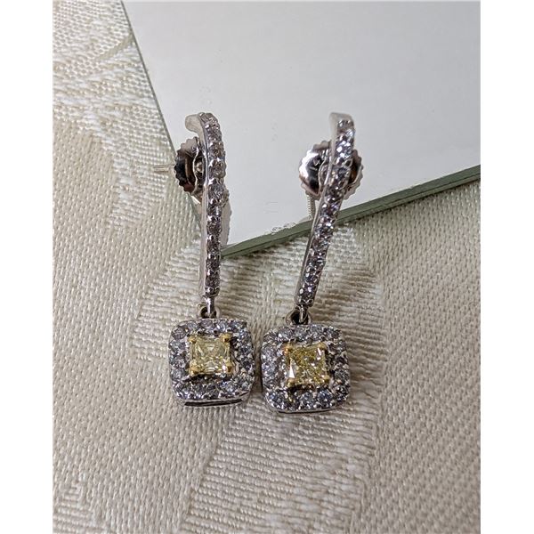 Princess Cut Yellow Diamond halo diamond drop earrings 14k y/w gold