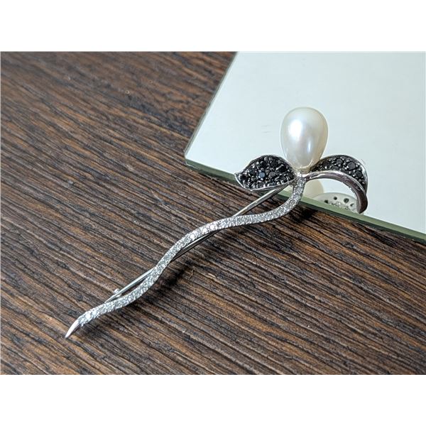 Vintage Black and White Diamond plus 8mm Pearl Orchid Pin Brooch