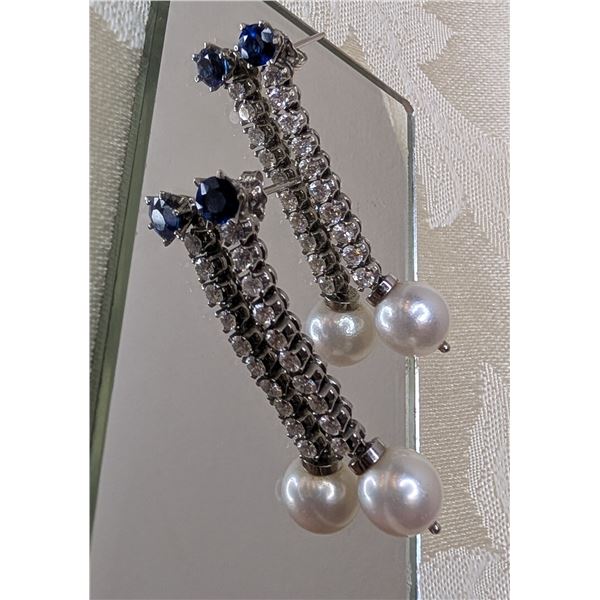 Sapphire, Diamond and Pearl Dangle Earrings