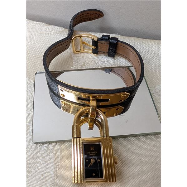 Hermes gold tone Kelly Watch black leather strap