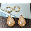 Image 2 : Gold hoops with peach pearl drop enhancers plus two pairs organic shape white pearl drops