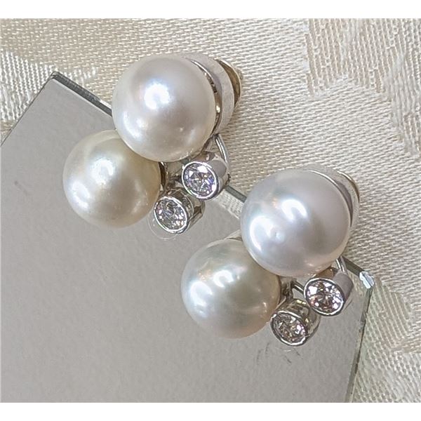 South Sea White Button Pearl and Bezel Set Diamond Studs