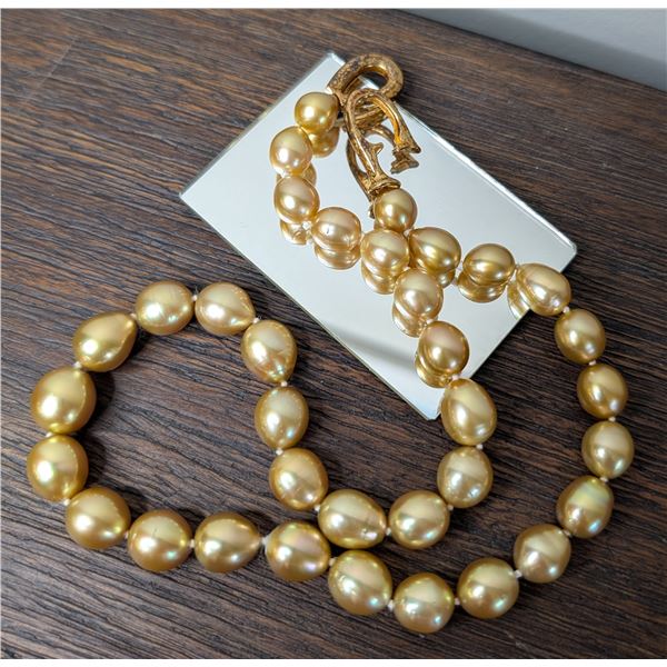 Golden Pearl Necklace - graduated, knotted, gold tone clasp