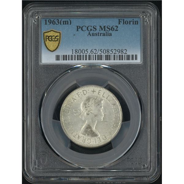 Australia, 1963(m), 1 Florin Queen Elizabeth  Young Head Silver coin. PCGS MS62.