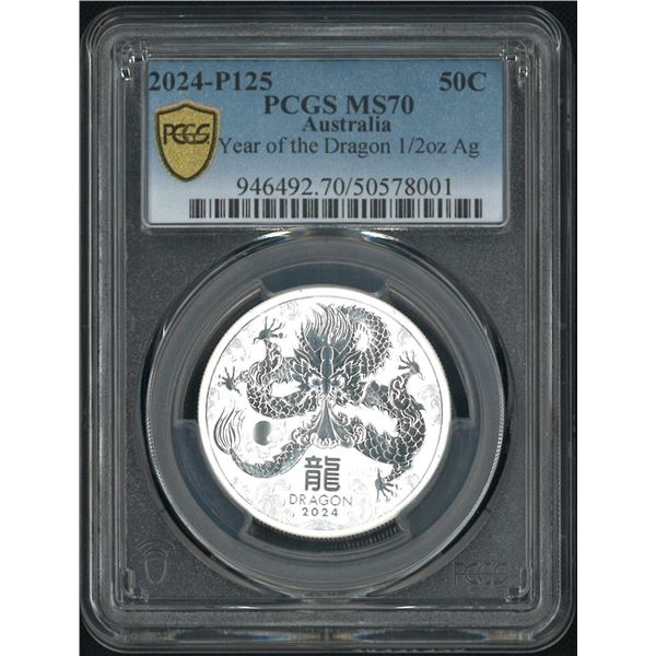 Australia, 2024, Year of Dragon  50 cents, 1/2 oz  0.999 Ag. PCGS MS70.