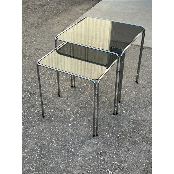 2 Chrome & Smoked Glass Nesting Tables - Largest approx: 19.5 x 19.5 & 19"T