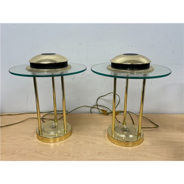 2 Brass Tone / Glass "Saturn" UFO Style Table Lamps - Working Approx: 15.5"T 13"W