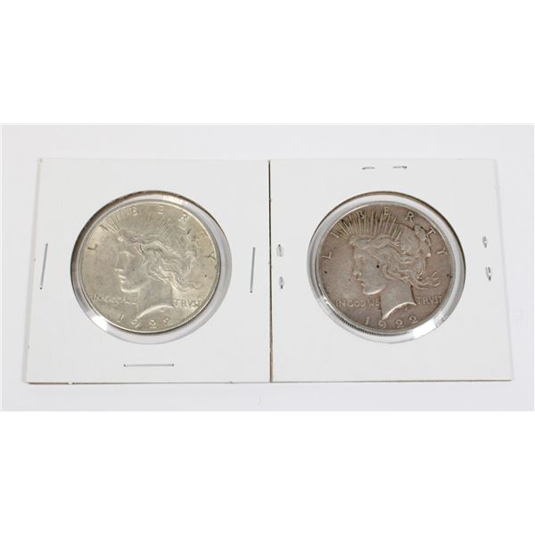 #22 2 UNITED STATES 1922 PEACE DOLLAR SILVER COINS