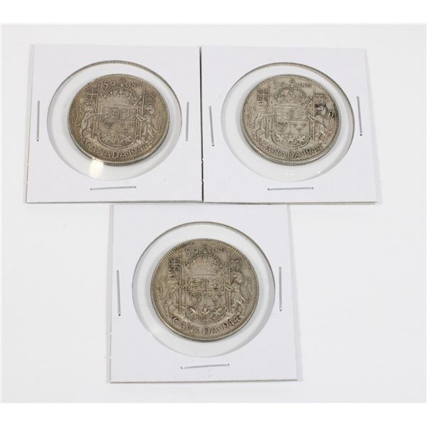 #51 WW2 CANADA 1944 SILVER 50 CENT COIN LOT OF 3