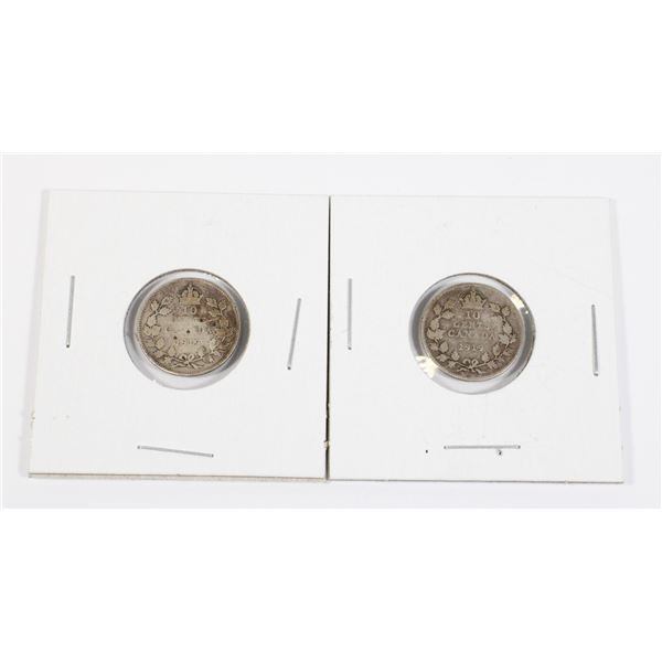 #97 LOT OF 2 1919 CANADA 10 CENTS SILVER COIN DIME