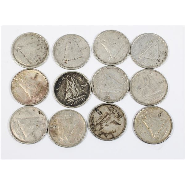 #105 LOT 12 CANADA 10 CENT SILVER DIMES 1940 -1949