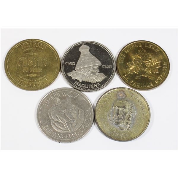 #126 LOT OF 5 ASSORTED CANADIAN COIN TOKENS INC BC