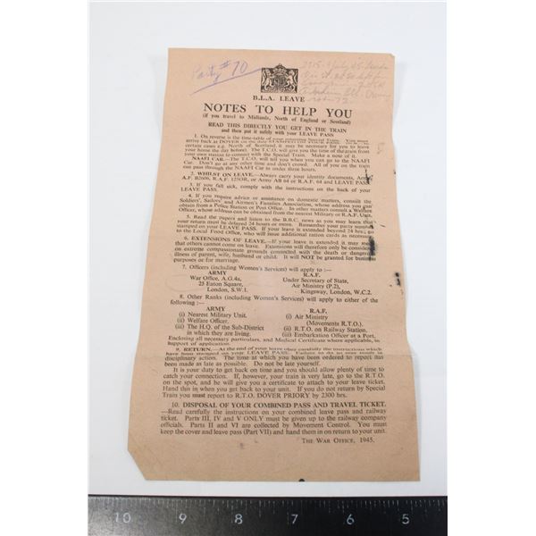 #272 WW2 1945 DOCUMENT LEAVE PASS UNITED KINGDOM