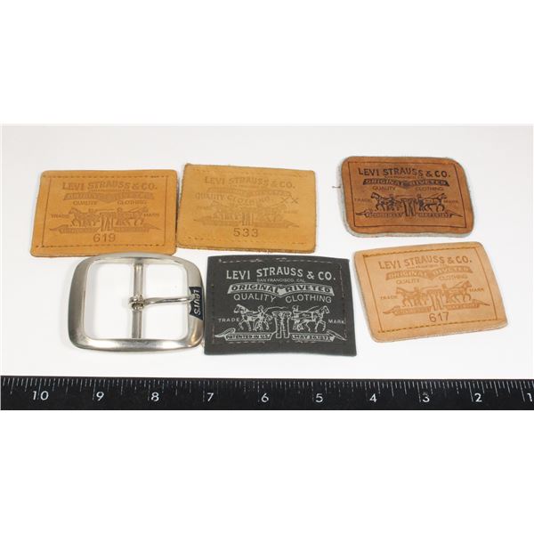 #833 LOT OF VINTAG JEAN LEATHER TAGS + BELT BUCKLE