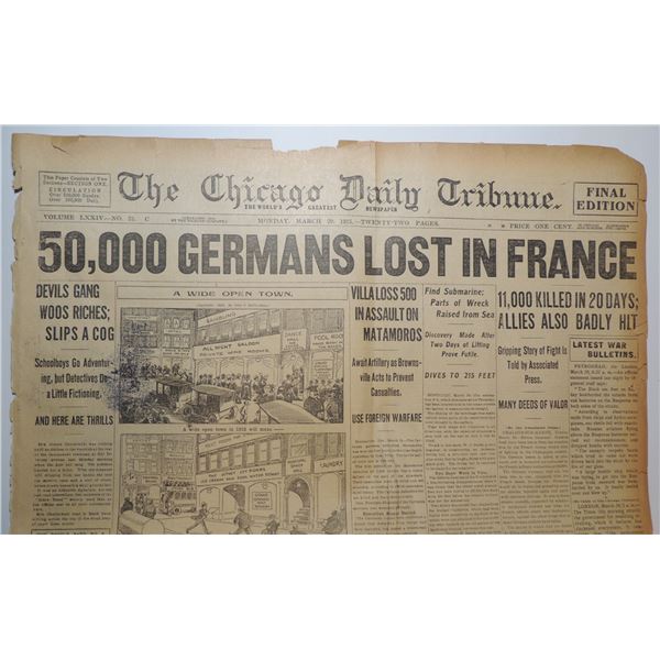WW1 NEWSPAPER CHICAGO USA MARCH 29 1915