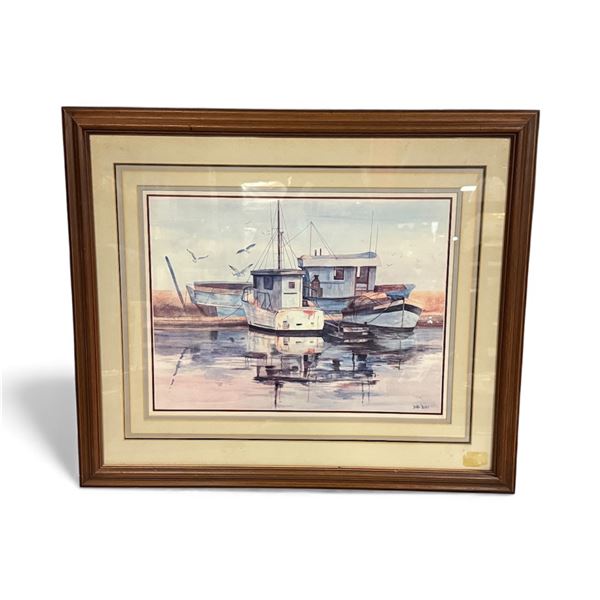Framed nautical watercolor-style - signed print by Jean Burr - approx 26 1/2" x 22 1/2"