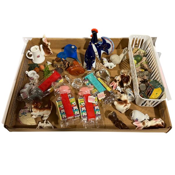Group of assorted miniature figurines - includes ceramic rabbits, animals, tiny vases, glass pieces,