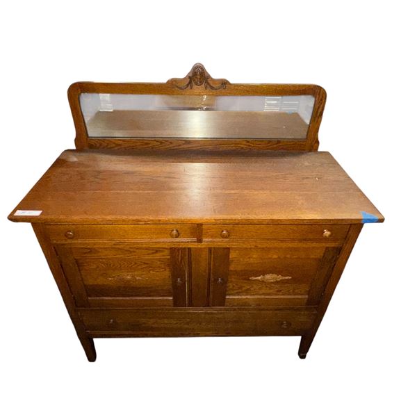 Vintage solid oak sideboard w/ two drawers / two cabinet doors / lower storage & decorative mirror b