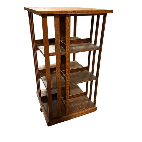 Vintage solid oak rotating bookshelf on casters 21" x 21" x 41" H