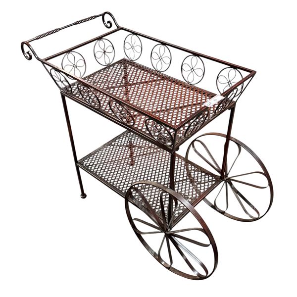 Vintage Metal 2-Tier Rolling Serving Cart w/ Decorative Scrollwork & Large Spoked Wheels