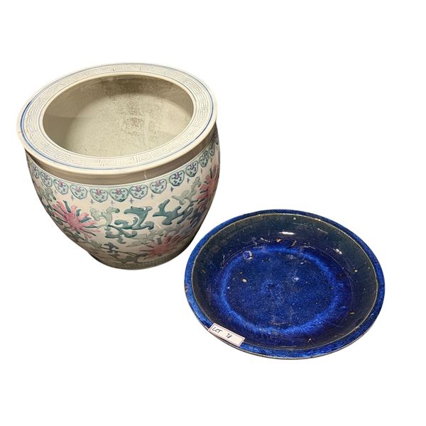 Large Ceramic Fishbowl Planter w/ Deep Blue Glazed Basin - approx 18" D x 17" H