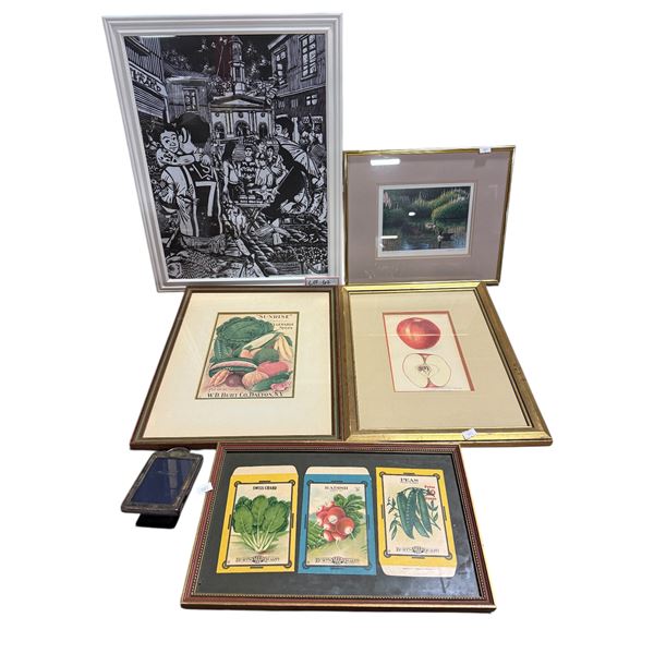 Group of 5 assorted framed prints - includes Botanical Vegetable Seed Packet Prints / “Sunr