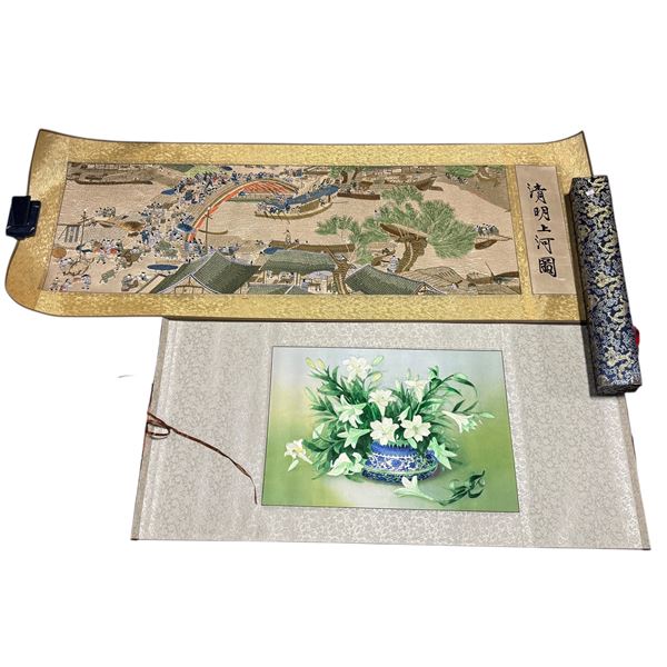 2 pc - Chinese Embroidery artwork wall hangings - includes white lillies in a blue & white vase & Al