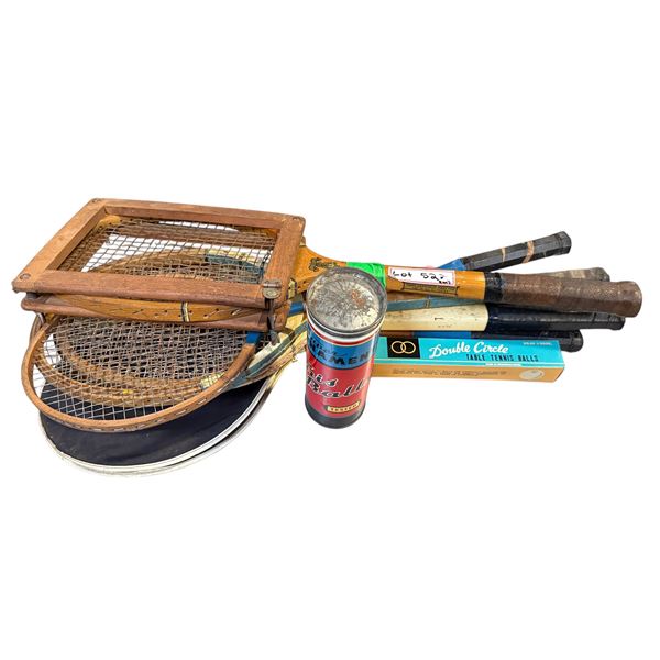 Group of assorted vintage tennis rackets & tennis balls