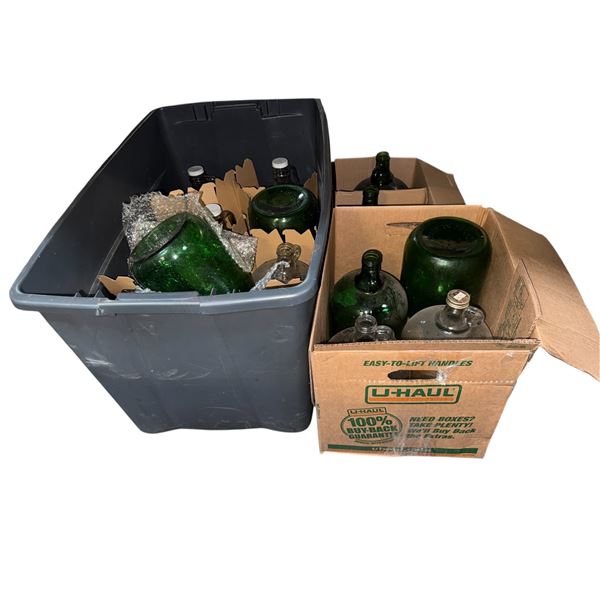 2 bins of assorted vintage gallon glass jugs