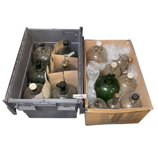 2 bins of assorted vintage gallon glass jugs