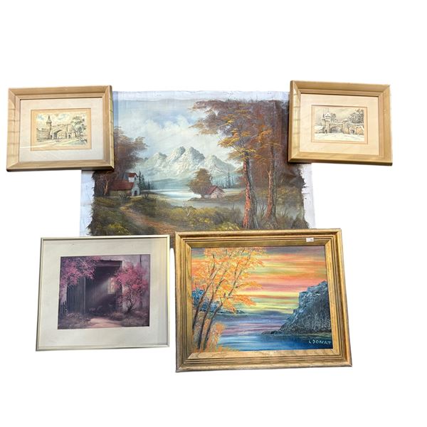 Shelf of assorted vintage framed signed portraits & paintings
