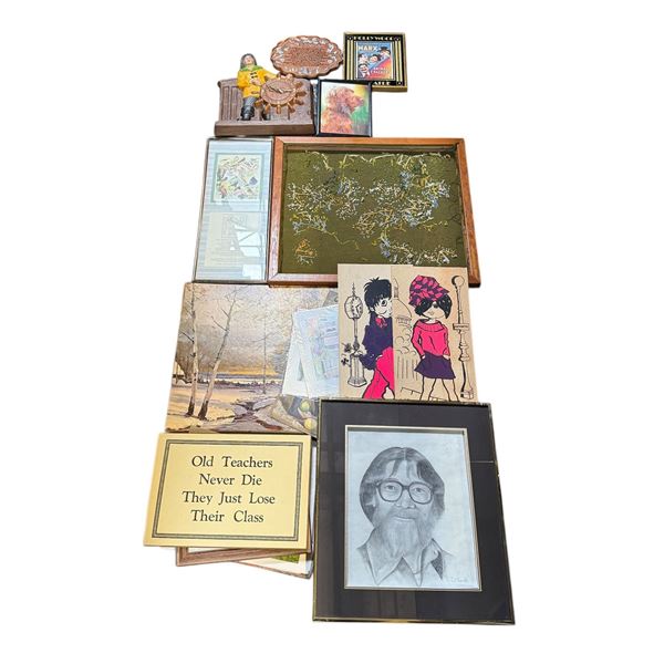 Shelf of assorted vintage wall art / nautical fisherman clock / framed prints & mixed artwork