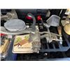 Image 2 : Shelf of assorted vintage kitchen tools - includes hand crank grinders / utensils / meat tenderizer 