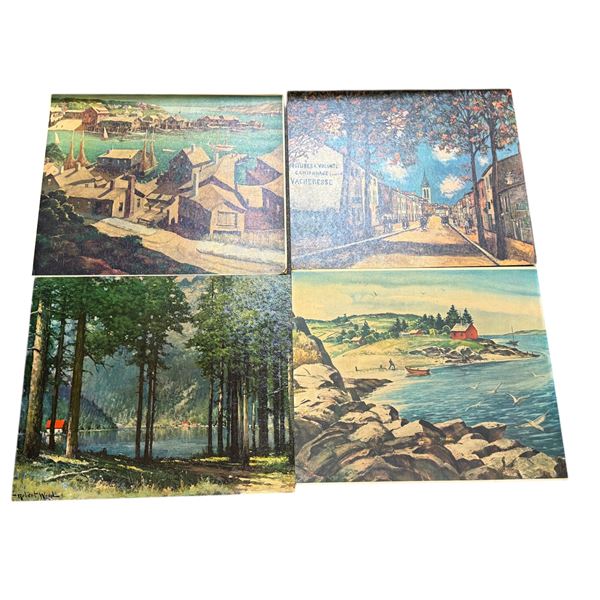 Group of 4 vintage signed wall art prints - coastal harbor / forest landscape & village street scene