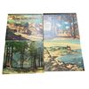 Image 1 : Group of 4 vintage signed wall art prints - coastal harbor / forest landscape & village street scene