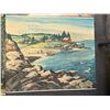 Image 3 : Group of 4 vintage signed wall art prints - coastal harbor / forest landscape & village street scene