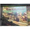 Image 5 : Group of 4 vintage signed wall art prints - coastal harbor / forest landscape & village street scene