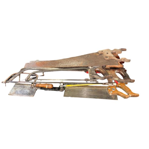 Shelf of assorted vintage tools - includes hand saw / meat cleaver etc