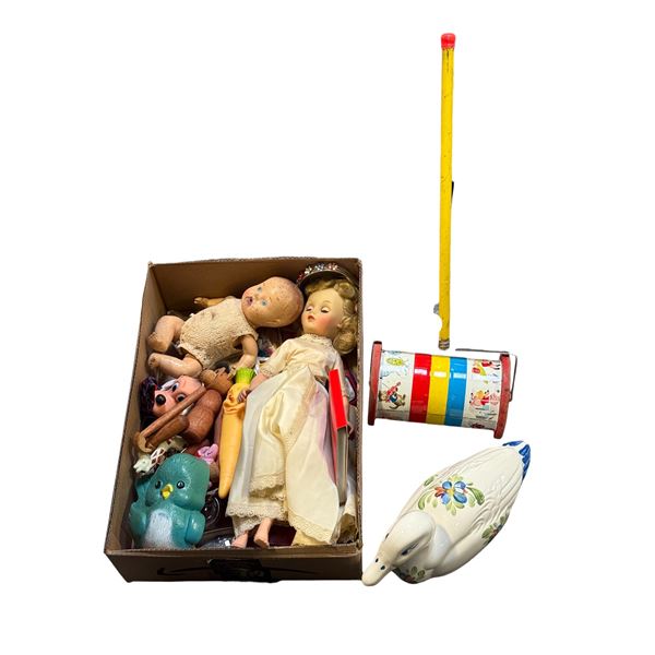 Shelf of assorted vintage dolls & toys - includes musical chime push toy / white porcelain goose fig