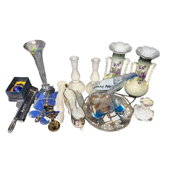 Shelf of assorted items - includes white ceramic candlestick holders / clear glass bud vase / shoe s