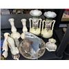 Image 2 : Shelf of assorted items - includes white ceramic candlestick holders / clear glass bud vase / shoe s