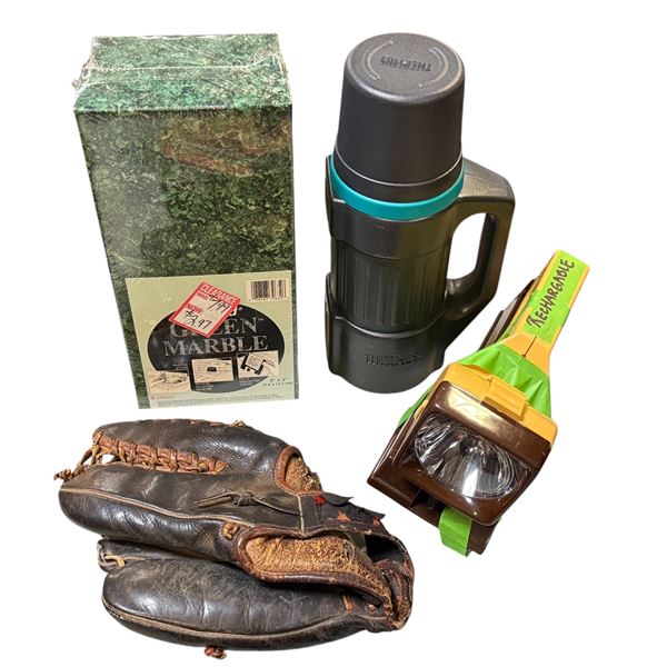Group of 4 - includes vintage baseball glove / rechargeable retro flashlight / thermos & green marbl